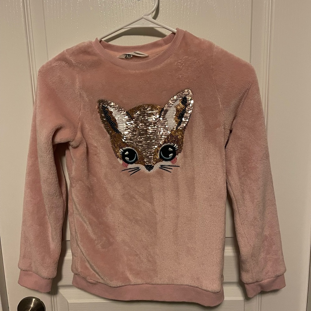 Girls H & M Sweater kitten flip sequins. Size Small
